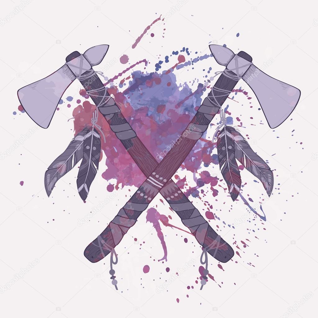 Vector grunge illustration of native American indian tomahawks with watercolor splash
