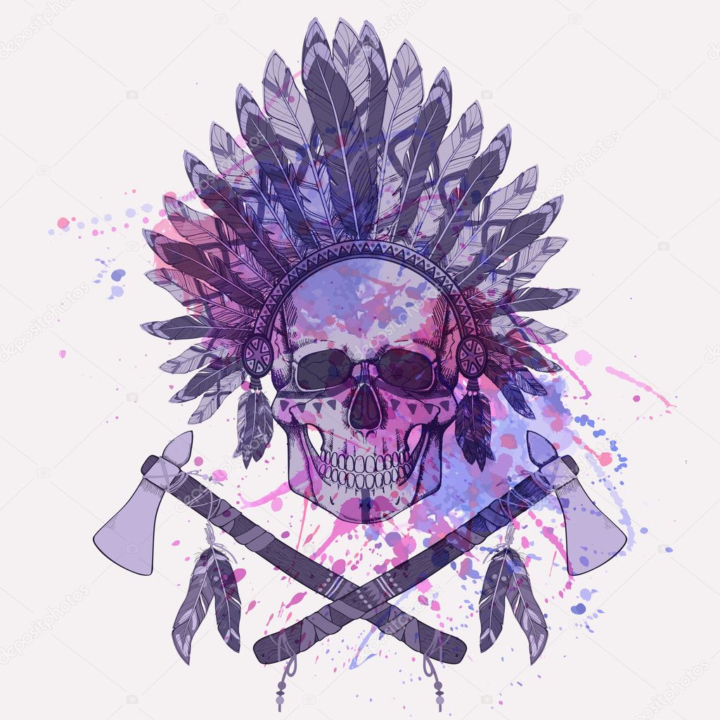 Vector grunge illustration of human skull in native american indian chief headdress, tomahawks with watercolor splash