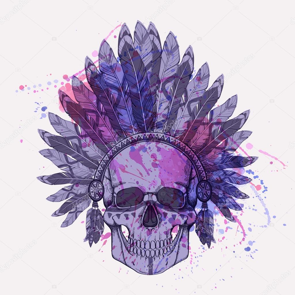 Vector grunge illustration of human skull in native american indian chief headdress with watercolor splash