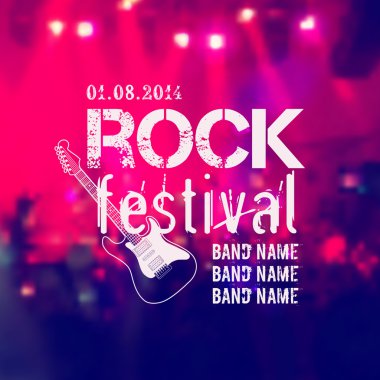 vektör rock sahne ve kalabalık ile arka plan bulanık. metin için yer ve gitar ile Rock Festivali tasarım şablonu.