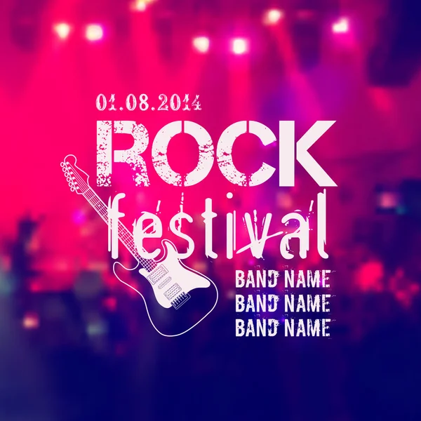 Vector blurred background with rock stage and crowd. Rock festival design template with guitar and place for text. — Stock Vector