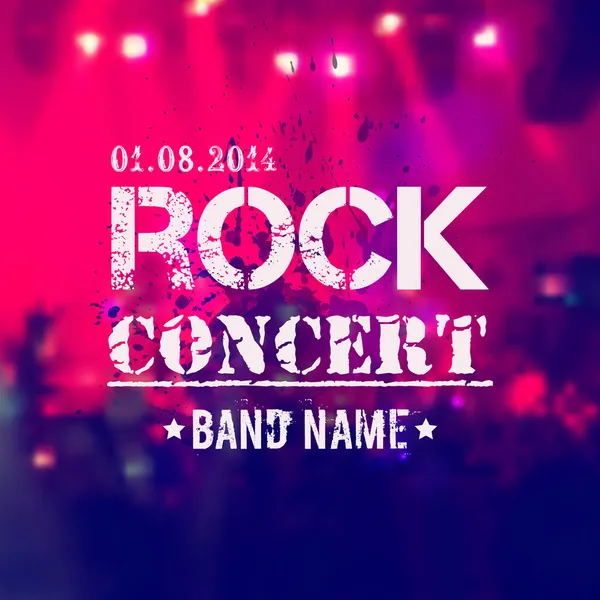 Vector blurred background with rock stage and crowd. Rock concert design template with watercolor splatter and place for text. — Stock Vector