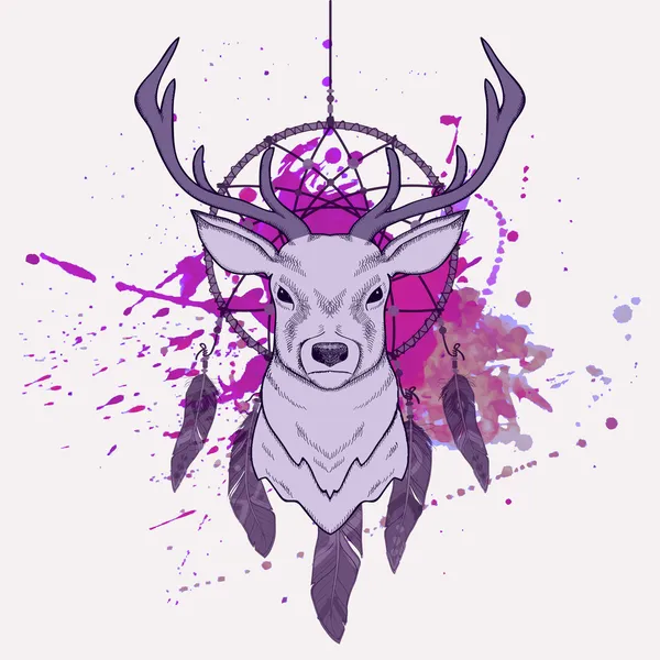Vector illustration with deer, dream catcher and watercolor splash Royalty Free Stock Vectors
