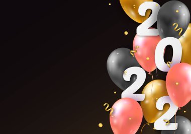 Vektör Illustration 2022 3D gerçekçi balonları ve 2022 rakamlarıyla mutlu yıllar. Tipografi baskısı posteri, tatil dekorasyonu geçmişi, sezonluk broşür, davetiye, mutlu noeller kartı.