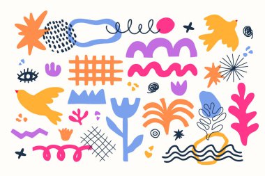 Estetik Matisse sanat tarzında modern soyut geometrik şekillerin vektör kümesi. Yaratıcı el çizimi çağdaş karalama öğeleri: çiçekler, bitkiler, kuşlar, zigzag, çizgiler, moda, baskı, posterler