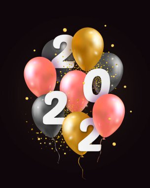 Vektör Illustration 2022 3D gerçekçi balonları ve 2022 rakamlarıyla mutlu yıllar. Tipografi baskısı posteri, tatil dekorasyonu geçmişi, sezonluk broşür, davetiye, mutlu noeller kartı.