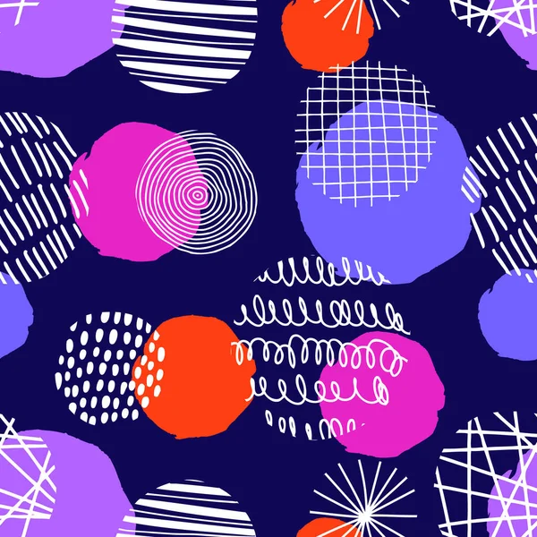 Vector seamless pattern with round textured elements for posters, prints, textile, fabric. Hand drawn contemporary trendy doodle shapes with stripes, dots, lines, curves, waves.