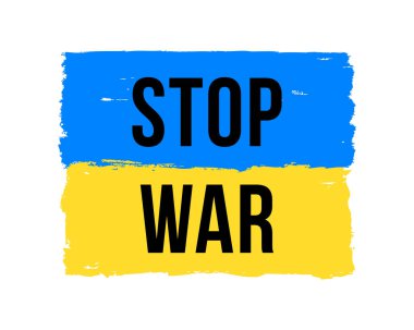 Mavi ve Sarı Ukrayna bayrağının temsilcisi. Ukrayna 'da Savaşı Durdurun yazısı beyaz arka planda izole edilmiş.
