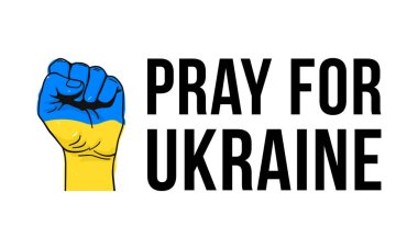 Mavi ve Sarı insan yumruğunun Ukrayna 'nın beyaz arka planda izole edilmiş Ukrayna harfleri için dua eden bir bayrağı olarak gösterimi. Savaşı Durdur kavramı