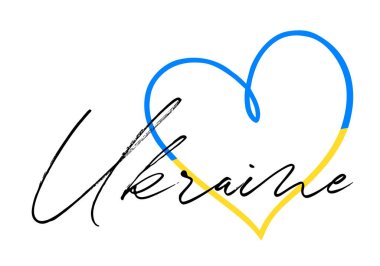 Mavi ve Sarı Kalp şekilli Ukrayna bayrağının vektör çizimi beyaz arkaplanda harflerle izole edilmiş. Ukrayna 'ya Aşk