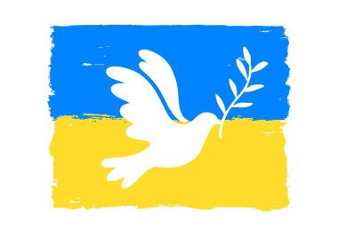 Ukrayna 'nın mavi ve sarı bayrağının temsili beyaz arka planda izole edilmiş barışın sembolü olarak uçan kuş güvercini. Savaşı Durdur kavramı.