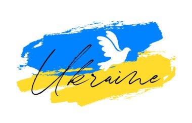 Ukrayna 'nın mavi ve sarı bayrağının temsili beyaz arka planda izole edilmiş barışın sembolü olarak uçan kuş güvercini. Savaşı Durdur kavramı.