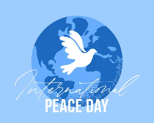 飛んでいる鳥と地球の地球のベクトルイラストは平和の象徴として鳩 国際平和デー手書きレタリング — ストックベクタ