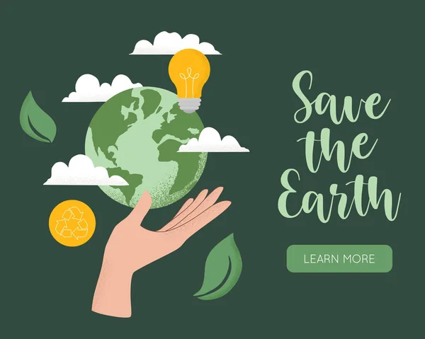 人手托着地球 循环图标 树叶和云彩的矢量图解 世界环境日的概念 拯救地球 可持续性 生态零废物生活方式 — 图库矢量图片