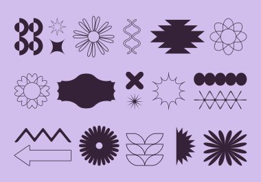 Minimalist tarzda basit geometrik tasarım elementlerinin vektör kümesi. Yamalar, oklar, çıkartmalar, simgeler, semboller, markalaşma için rozetler, sosyal medya, sanatsal ürün, baskı, ambalaj, logo