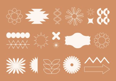 Minimalist tarzda basit geometrik tasarım elementlerinin vektör kümesi. Yamalar, oklar, çıkartmalar, simgeler, semboller, markalaşma için rozetler, sosyal medya, sanatsal ürün, baskı, ambalaj, logo