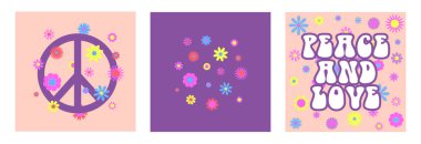 Vector soyut retro 60 'lar, 70' lerin hippi estetik geçmişleri moda çiçekler, barış işareti, ilham verici harfler. Moda sanat eserleri, poster veya kart için klasik çizimler