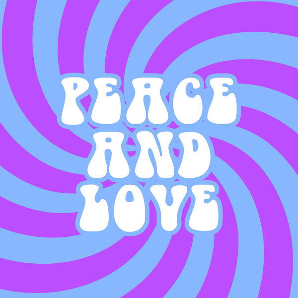 Векторное триретро 60-х, иллюстрации хиппи 70-х с лирикой "Мир и любовь" и фоном современного поп-арта. Винтажный дизайн шаблонов для модных рисунков, плакатов или открыток