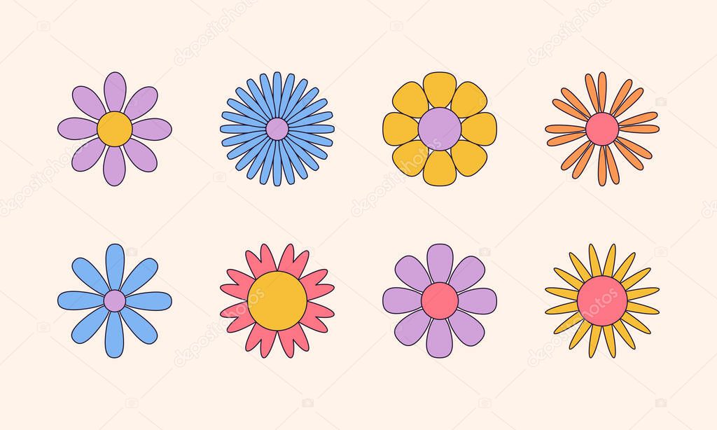 Vector set of simple hippie style boho flower icons, symbols. Abstract design element templates in modern minimalist style for branding, social media, artisan product, print, packaging, logo, sticker