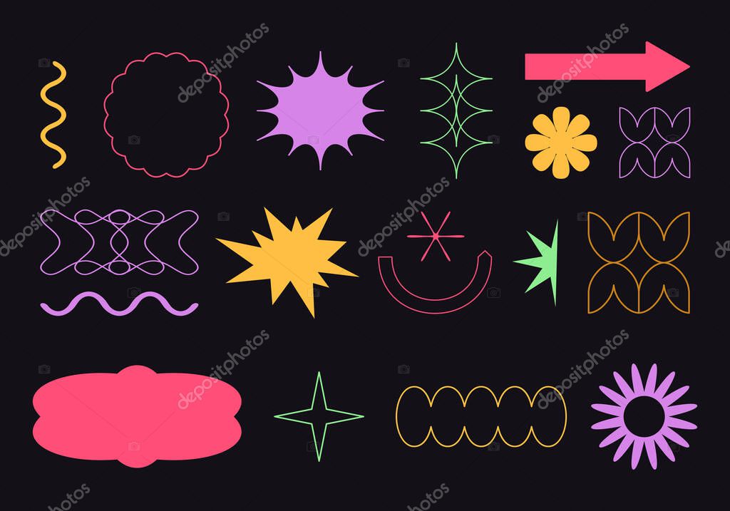 Vector set of simple geometric design elements in minimalist style. Patches, arrows, stickers, icons, symbols, badges template for branding, social media, artisan product, print, packaging, logo