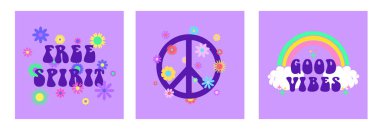 Vector soyut retro 60 'lar, 70' lerin hippi estetik geçmişleri, havalı çiçekler, ilham verici harfler. Moda sanat eserleri, poster veya kart için klasik çizimler