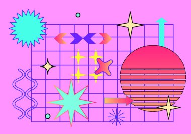 Vector trendy abstract cool retrowave pattern illustration with memphis geometric shapes. Retro 90s Pop Art Background in modern contemporary style for package design, textile or fabric print