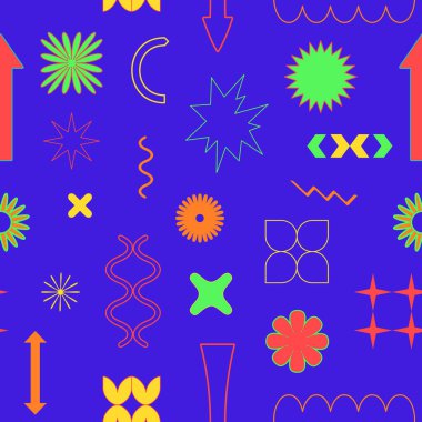 Vector trendy abstract cool retrowave seamless pattern with memphis geometric shapes. Retro 90s Pop Art Background in modern contemporary style for package design, textile or fabric print 