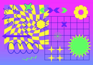 Vector trendy abstract cool retrowave pattern illustration with memphis geometric shapes. Retro 90s Pop Art Background in modern contemporary style for package design, textile or fabric print