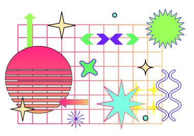 Vector trendy abstract cool retrowave pattern illustration with memphis geometric shapes. Retro 90s Pop Art Background in modern contemporary style for package design, textile or fabric print