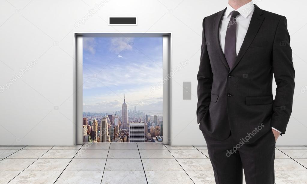elevator with opened door to city