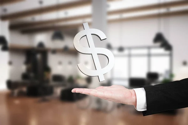 Großaufnahme Eines Geschäftsmannes Mit Abstrakten Dollarzeichen Auf Verschwommenem Büroinnenhintergrund Finanz — Stockfoto