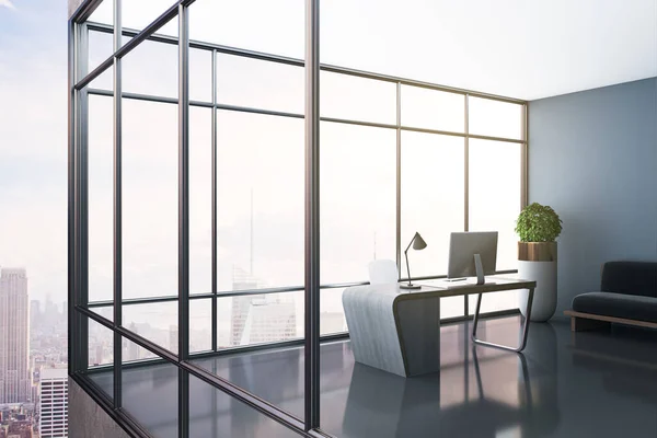 Сучасний Дизайн Офісного Інтер Єру Панорамними Вікнами Видом Місто Денним — стокове фото