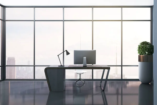 Conception Minimaliste Intérieur Bureau Avec Fenêtres Panoramiques Vue Sur Ville — Photo