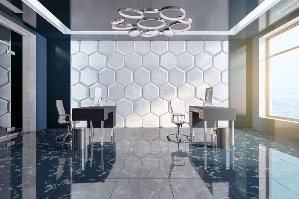 Interior Escritório Pequeno Moderno Com Móveis Parede Hexagonal Decorativa Janela — Fotografia de Stock