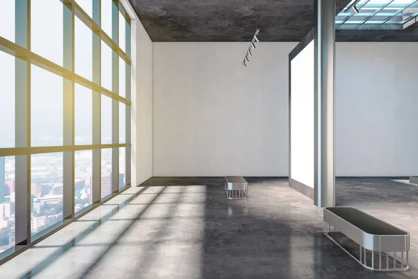 Moderno Interior Galería Hormigón Con Ventanas Vistas Ciudad Luz Del —  Fotos de Stock
