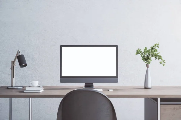 Close Creative Wooden Designer Table Empty White Computer Monitor Coffee — Stock Photo, Image