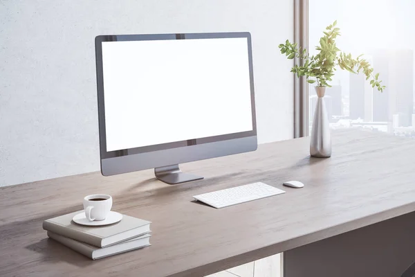 Close Creative Wooden Designer Desktop Blank White Mock Computer Monitor — Stock Photo, Image