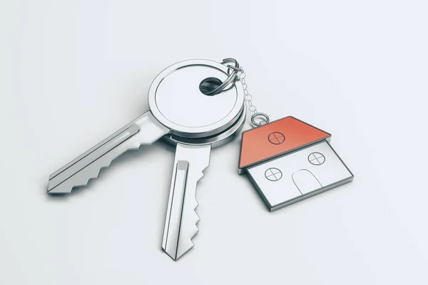 Close Keys House Keychain White Desktop Background Real Estate Property — Stock Photo, Image