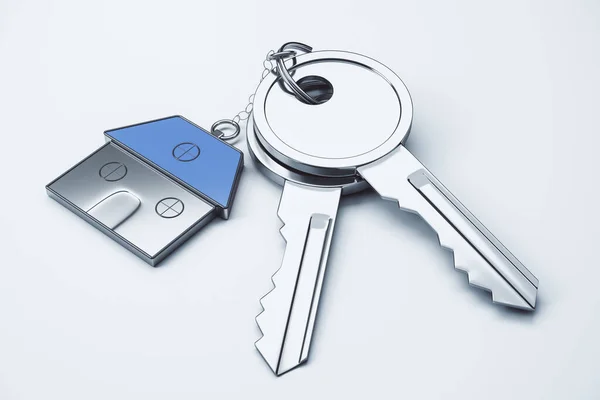 Close Keys House Keychain White Surface Background Real Estate Property — Stock Photo, Image
