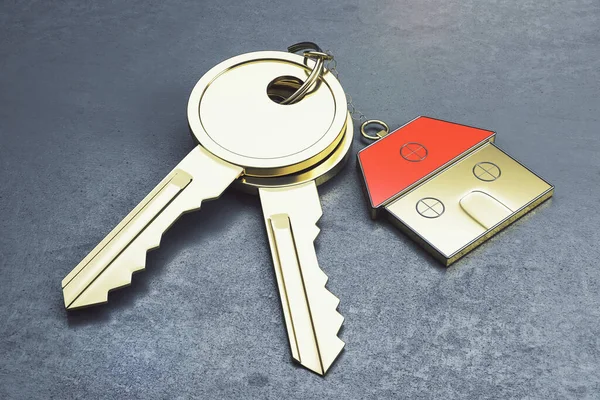 Close up of keys with house keychain on gray surface background. Real estate and property concept. 3D Rendering