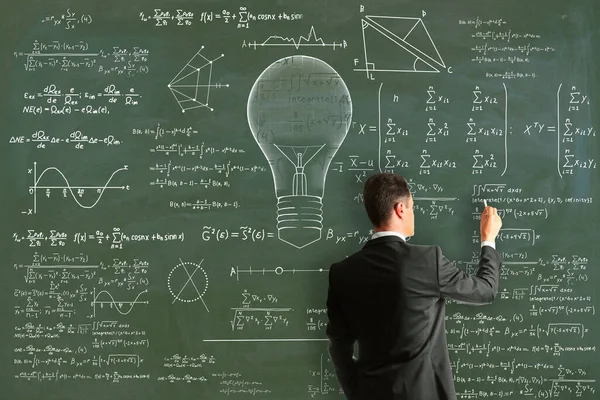 Attractive young european businessman drawing abstract lamp sketch with mathematical formulas on chalkboard/blackboard wall background. Intelligence, idea, solution, science and innovation concept