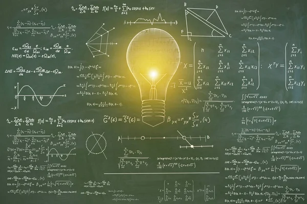 Abstract lamp sketch with mathematical formulas on chalkboard/blackboard wall background. Intelligence, idea, solution, science and innovation concept