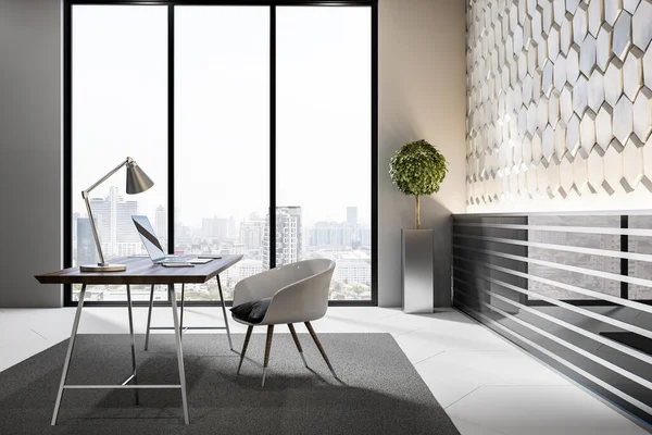 Luxury workplace interior with window and city view, desktop, concrete hexagonal walls and decorative items. 3D Rendering