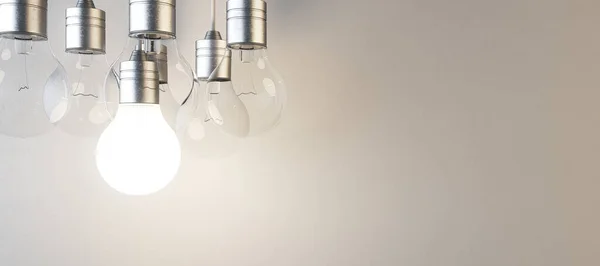 Ampoule Lumineuse Sur Fond Mural Béton Panoramique Flou Idée Innovation — Photo