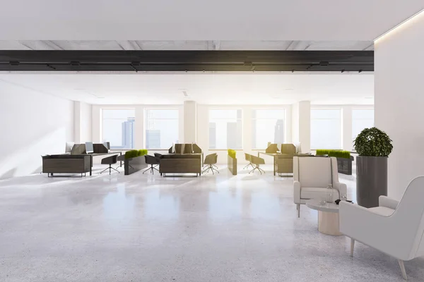 Interior Escritório Coworking Concreto Brilhante Com Janela Vista Cidade Móveis — Fotografia de Stock