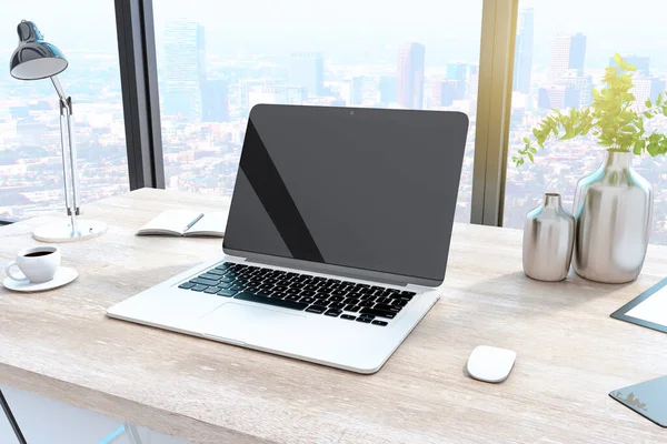 Kreativer Designer Desktop Mit Leerem Laptop Modernem Interieur Mit Fenster — Stockfoto