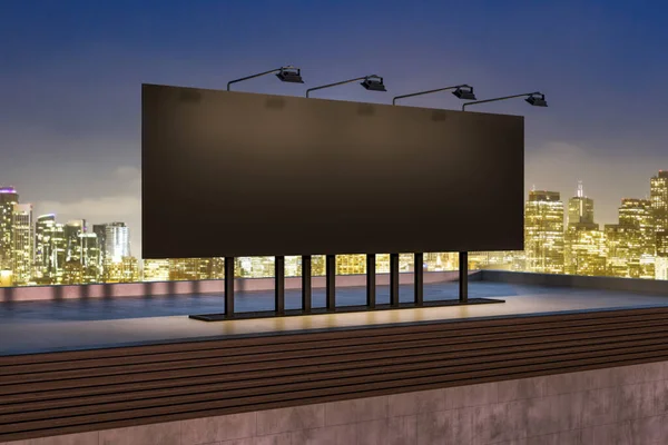 Empty Black Billboard Banner Rooftop City Night Background Outdoor Advertisement — Stock Photo, Image