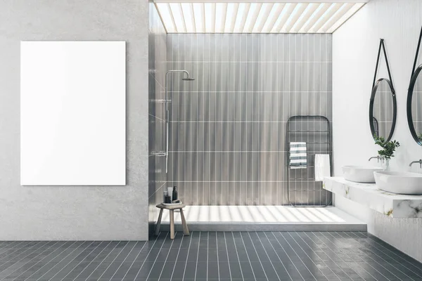 现代化的浴室内部 墙上挂着空白的白色模拟海报 两个镜子 装饰植物 淋浴和其他物品 生活方式 酒店和设计理念 3D渲染 — 图库照片