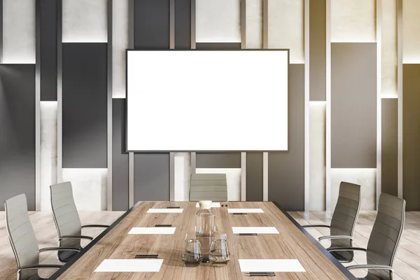 Moderno Interior Sala Reuniões Com Banner Mock Vazio Parede Mesa — Fotografia de Stock