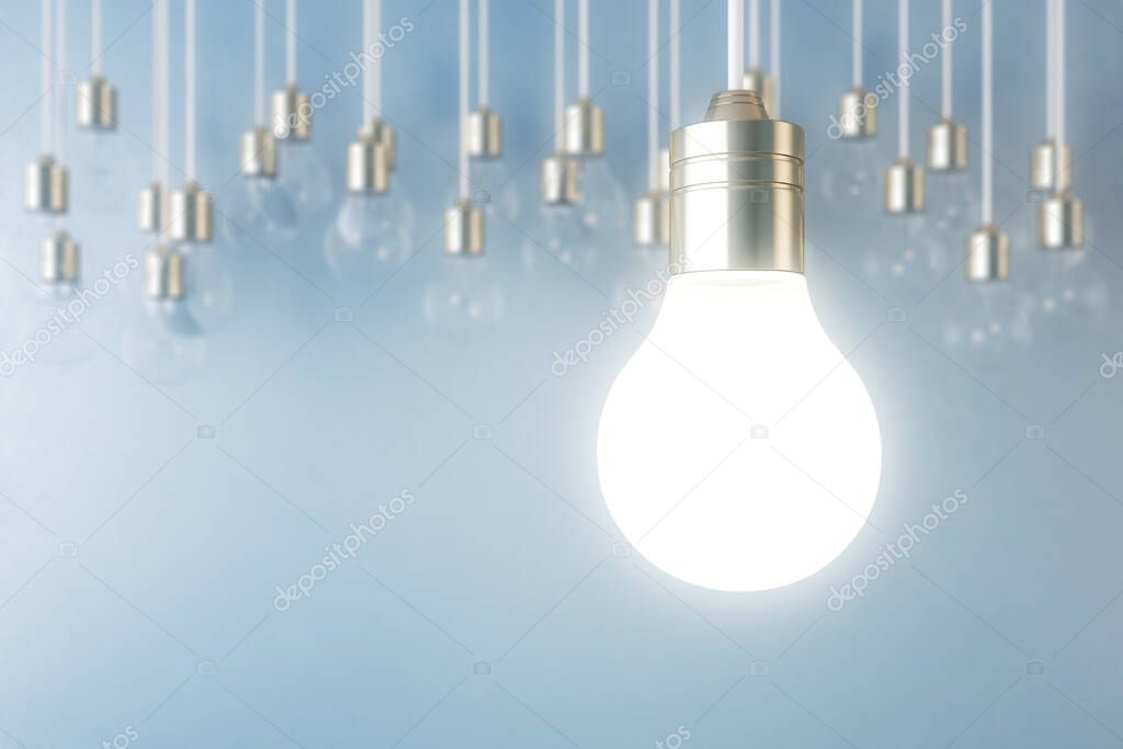 Glowing light bulb on blurry blue wall backdrop. Idea, innovation, solution and invention concept. Mock up, 3D Rendering